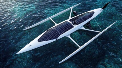 Fototapeta premium Innovative Solar-Powered Kayak Gliding Over Crystal Clear Ocean Waters