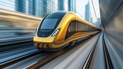 Fototapeta premium A sleek golden train speeding through a futuristic city, cutting-edge design, elegance in motion