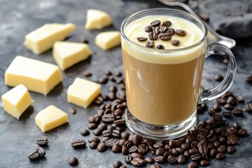 keto diet Rich coffee topped with beans, surrounded by chocolate pieces on a dark surface.