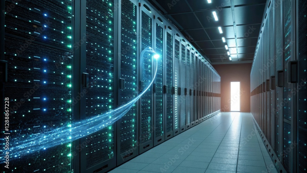 Poster digital gateway: futuristic data center hallway with rows of servers, showcasing advanced technology