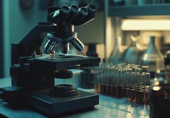 Modern microscope in a dimly lit lab with test tubes