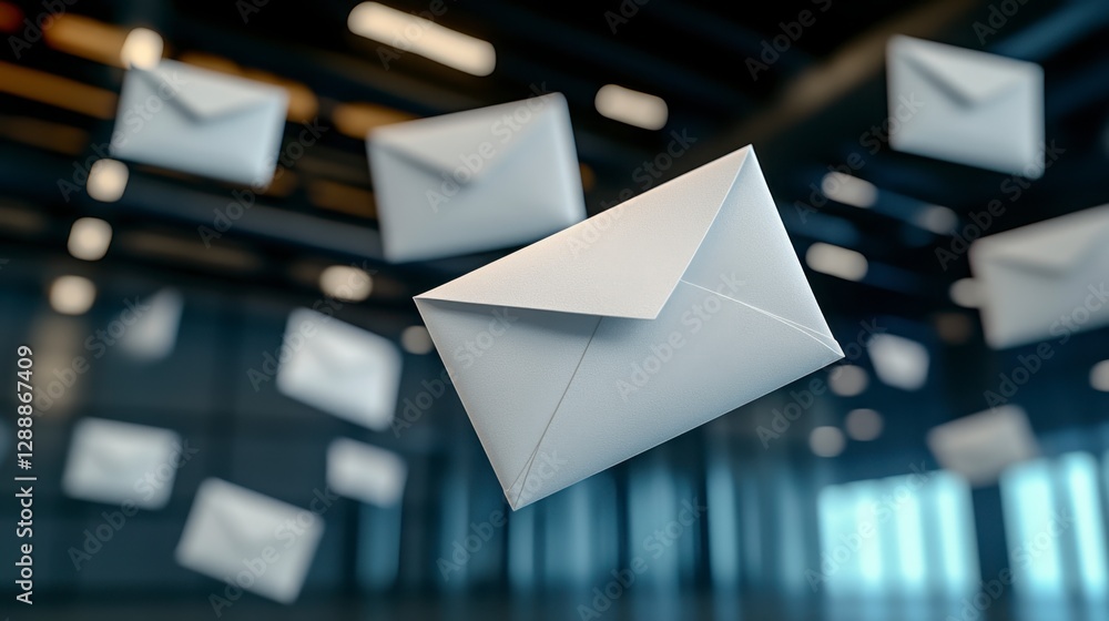 Poster white envelopes float in a dark industrial setting, creating a sense of digital communication and me