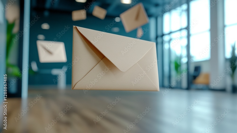 Poster kraft paper envelopes float in a modern office setting. the image showcases a blurred background of 