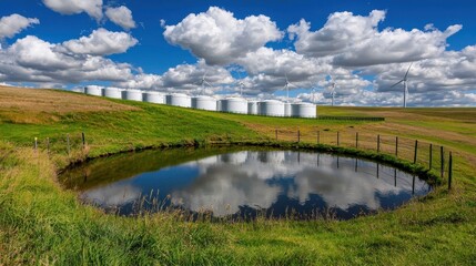 Scenic Landscape with Green Field, Wind Turbines, and Reflective Water Pond