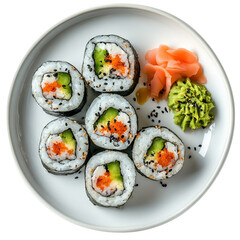 A Vibrant Plate of Sushi Rolls with Wasabi and Soy Sauce Isolated on Transparent Background