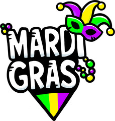Mardi Gras lettering hand drawn doodle logo illustration, with mask and beads in green, purple and yellow traditional colours. Isolated png with transparent background