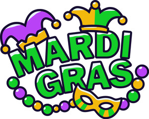 Mardi Gras lettering hand drawn doodle logo illustration, with mask and beads in green, purple and yellow traditional colours. Isolated png with transparent background