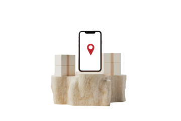 Isolated Smartphone Displaying a Map Pin with Parcels and a Stone Platform