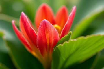 Naklejka premium Close-up of a vibrant red tulip flower petals with green leaves