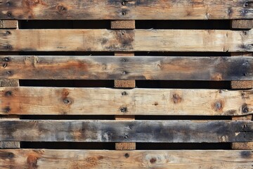 Close up of a weathered wooden pallet forming a textured background, showcasing its aged and worn appearance