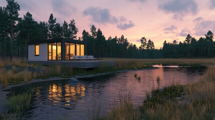 Obraz premium Modern Cabin Retreat by Tranquil Lake Surrounded by Lush Pine Forest at Sunset