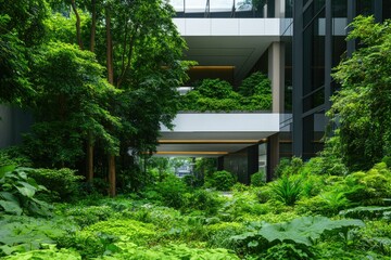 Fototapeta premium Lush greenery envelops modern architecture, creating serene urba