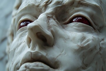 Obraz premium Close up of a white sculpted face with striking red eyes, highlighting the intricate textures and artistic details of the weathered surface