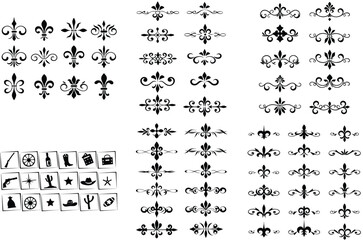 Elegant Decorative Flourishes & Western Icons Vector Set: Vintage Ornaments, Fleur-de-lis, Cowboy Symbols for Design & Illustration Projects