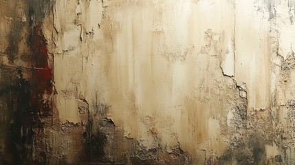 Abstract painting shows rough textures and earthy colors on a wall
