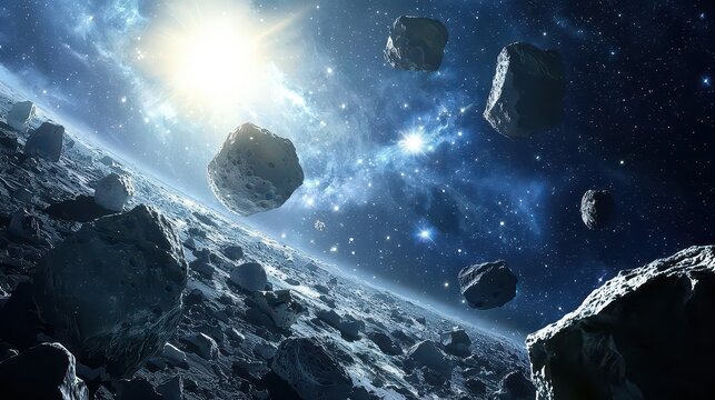 A breathtaking asteroid belt surrounds Earth, each rock reflecting the constellations