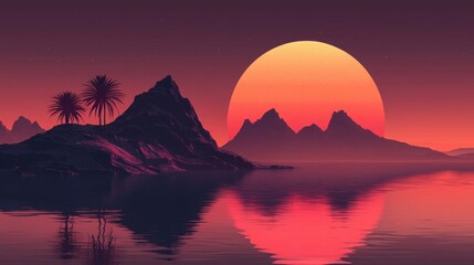 Fototapeta premium Vibrant Sunset Over Majestic Mountains and Serene Water Landscape