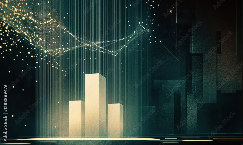 Poster abstract data visualization of rising metrics in a futuristic urban setting