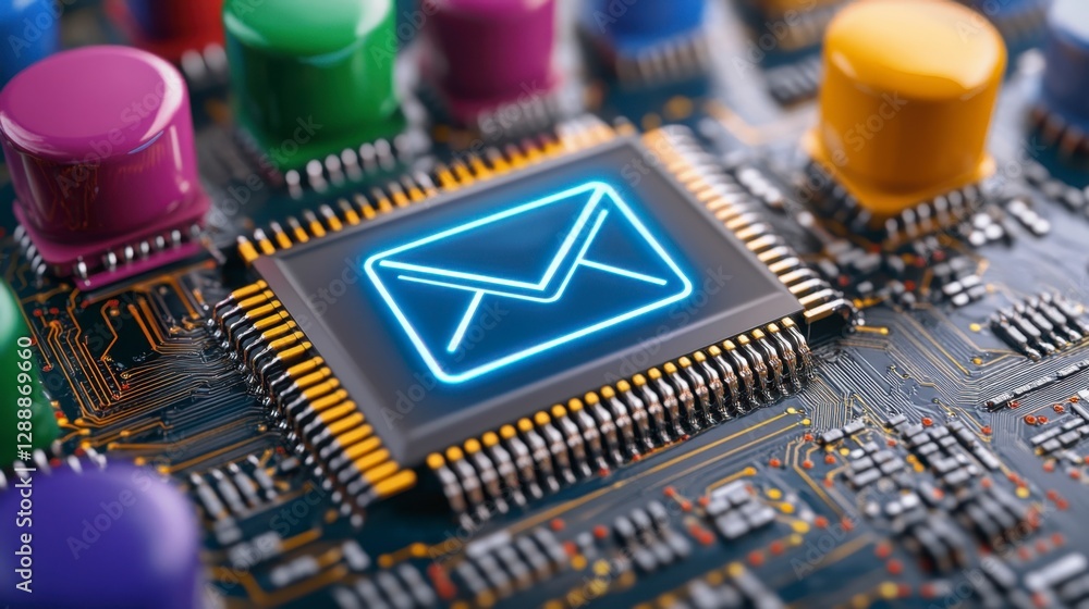 Poster close up view of a circuit board with a glowing email icon on a microchip, surrounded by colorful co