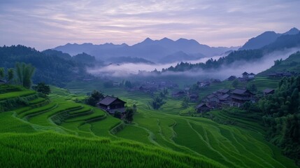 Obraz premium Serene morning in lush green rice terraces with misty mountains in the background