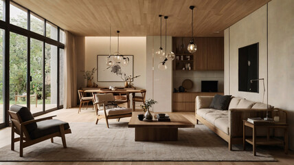 This open plan space combines a living and dining area with large windows, wooden toned furniture, modern pendant lights, and artwork on the walls.