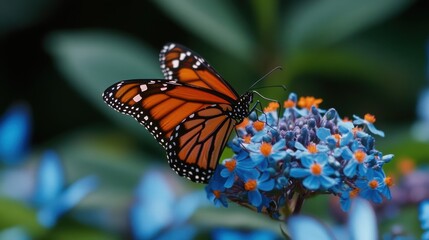 Fototapeta premium Monarch Butterfly on Blue Flowers A Vivid Spring Scene