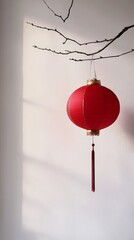 Fototapeta premium Red lantern hanging on branch against plain wall with soft shadows