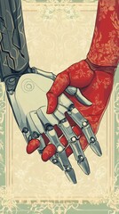 Robotic and human hands clasp; ornate frame.