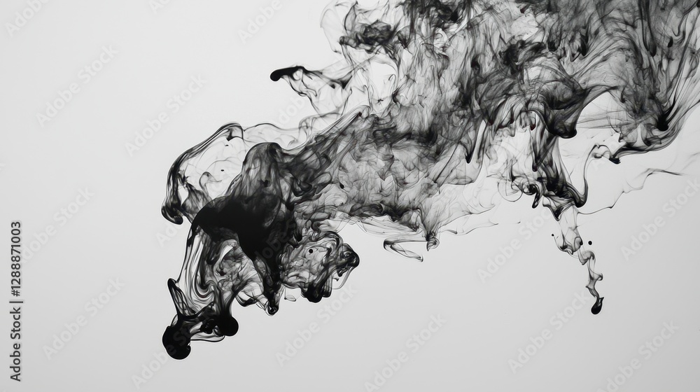 Poster swirling black smoke creates an abstract pattern against a light backdrop in a captivating display o