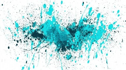 Vibrant turquoise splatter art on white backdrop showcasing energy and creativity in abstract design