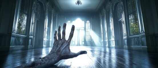 Decaying hand reaching from a flooded, dimly lit hallway of a derelict mansion. Light streams from a faraway doorway, creating a dramatic contrast