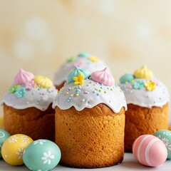 Freshly baked Easter cakes with delicate icing, surrounded by decorated eggs. The soft, blurred background allows for text placement, perfect for ads, websites, and festive promotions.