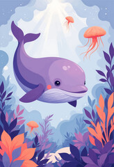 Obraz premium Playful Purple Whale with Jellyfish and Aquatic Plants