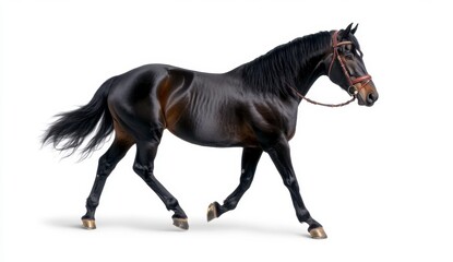 Fototapeta premium Dark brown horse with black mane and tail, walking against a white background. The horse is wearing a brown bridle. The image is well lit and shows
