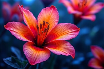 Obraz premium Close-up of Vibrant Orange-Pink Flower with Detailed Petals and Stamens