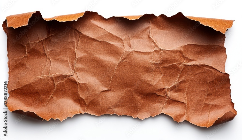 Poster brown crumpled paper texture isolated on white background. the paper is irregularly shaped with torn