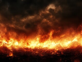 Inferno with dark, stormy sky above. Intense flames engulfing ground, creating a dramatic scene