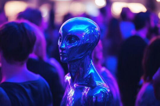 Shiny metallic blue alien mannequin glowing under blue and purple lights in a blurry purple crowd