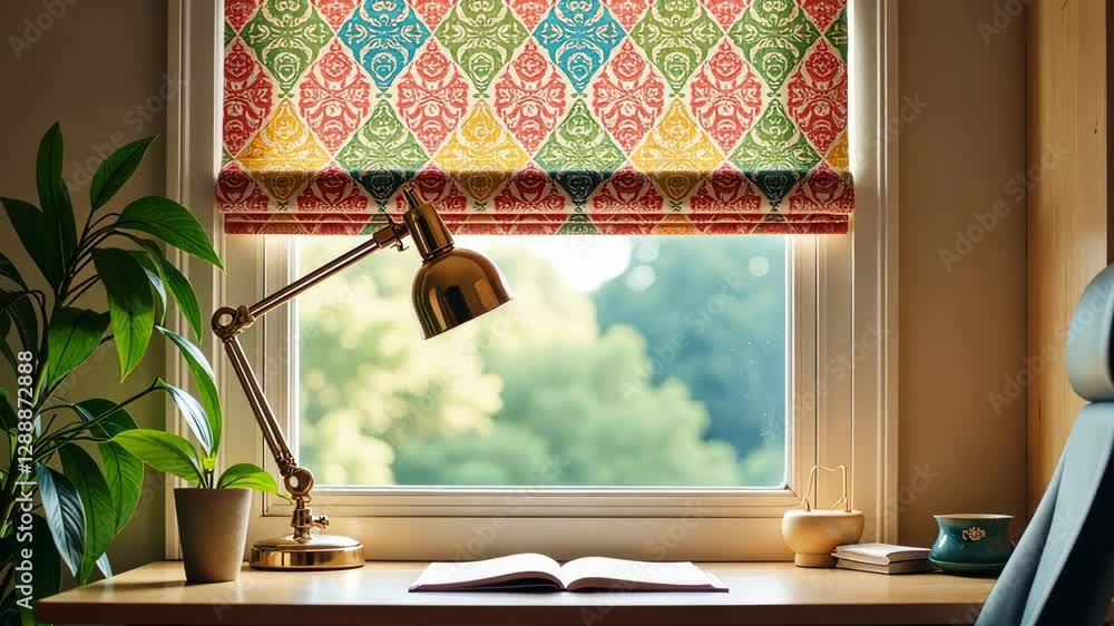 Poster a desk with a lamp and a book. a window with a colorful curtain. a potted plant next to the desk