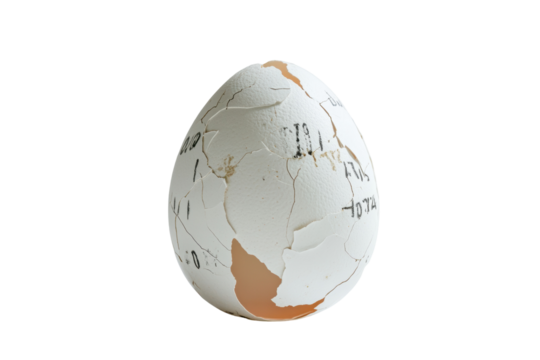Isolated Severely Cracked Egg Covered in Random Inscriptions