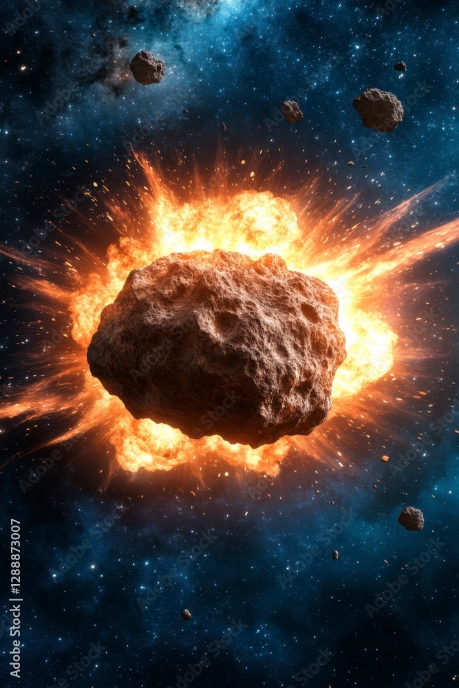 Aufkleber fiery explosion of a large asteroid in a dark space background. surrounding smaller asteroids and br