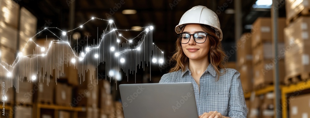Poster a female worker in a warehouse scans boxes with a barcode scanner while using a laptop to update the