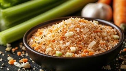 Celery Salt. Cooking Seasoning with Dehydrated Celery and Brown Salt on Black Background