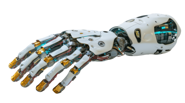 Isolated Advanced White and Gold Robotic Arm with Visible Internal Mechanics