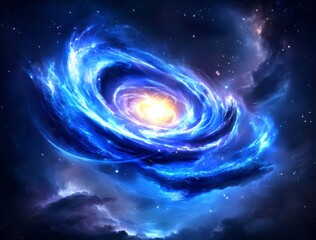 Glowing blue spiral galaxy with bright yellow core against a dark space background. Cosmic clouds and distant stars visible