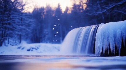 Serene winter waterfall cascading over icy rocks in a tranquil forest setting at dusk