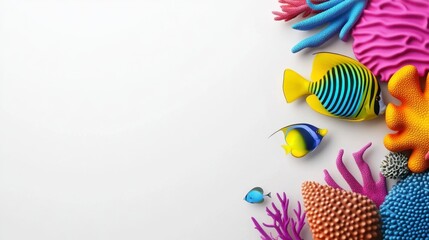 Vibrant pixel art fish and coral reef elements arranged on a white background. Colorful, playful, and decorative, perfect for summer themes