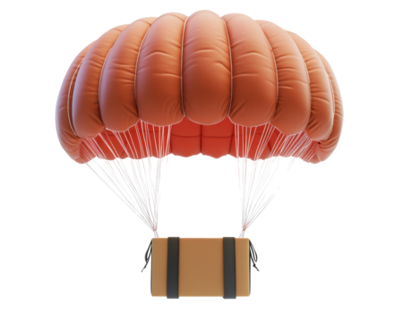 Isolated Orange Parachute Delivering a Cardboard Box with Straps