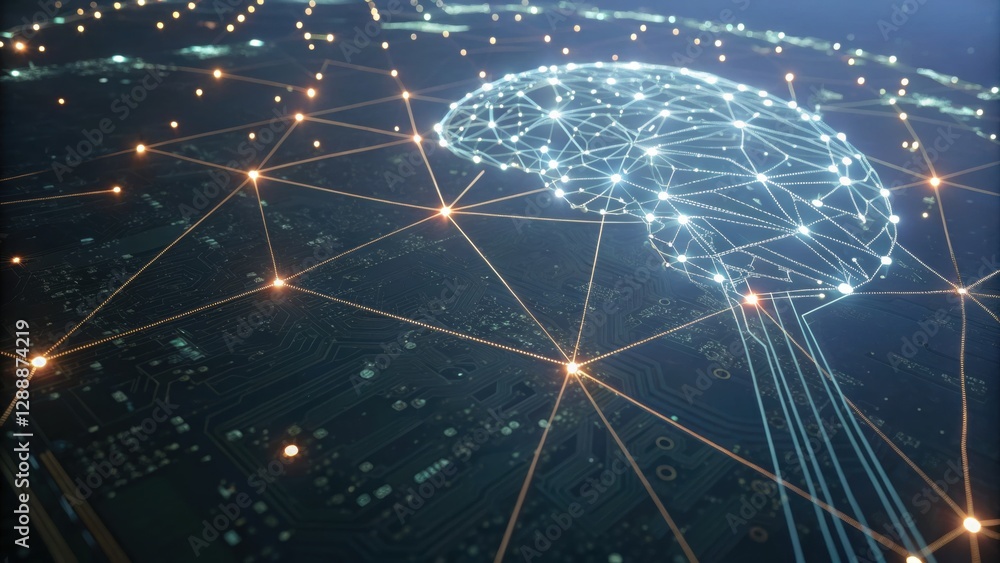 Poster digital brain: abstract illustration of a glowing brain composed of interconnected nodes, symbolizin