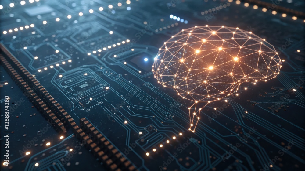 Poster digital brain: a glowing digital brain sits on top of intricate circuits, with the brain symbolizing